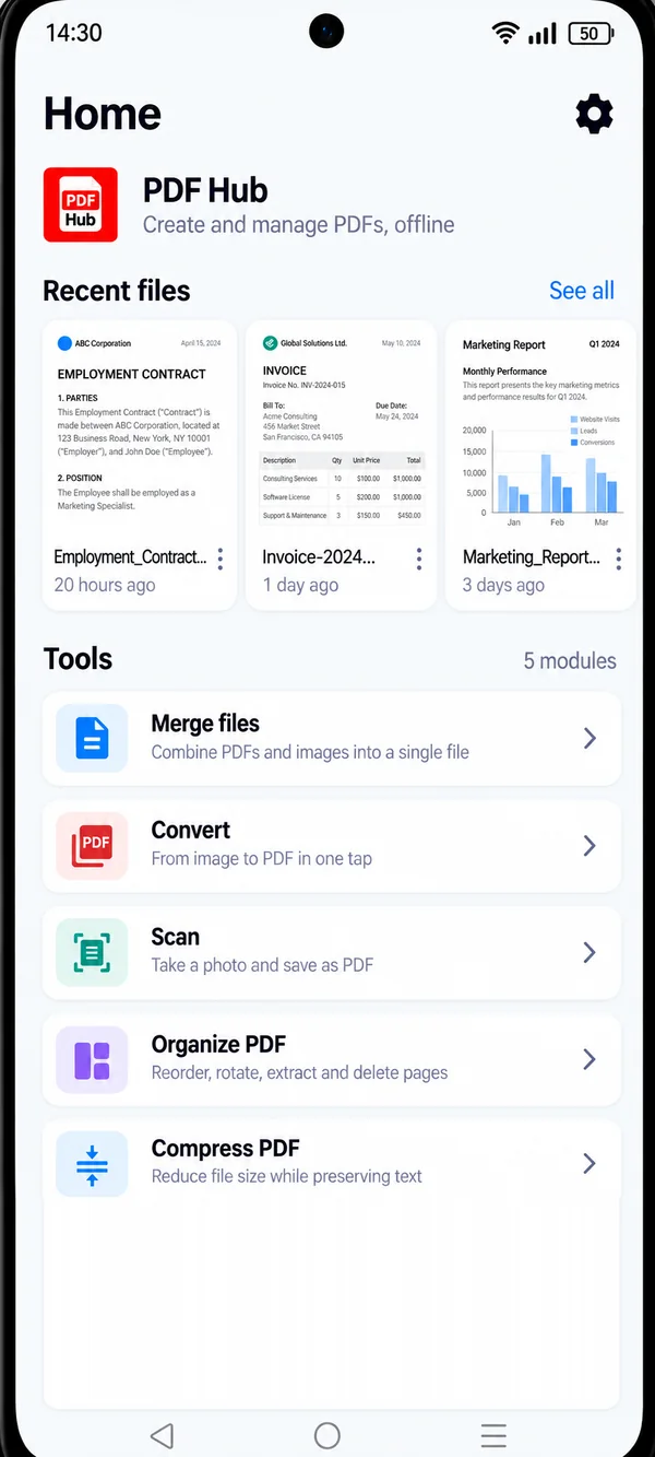 PDF HUB home screen
