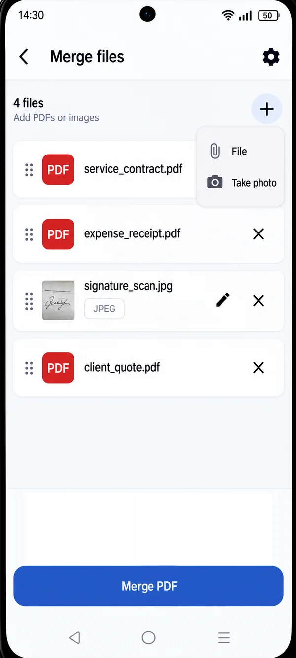 Merge files screen in PDF HUB