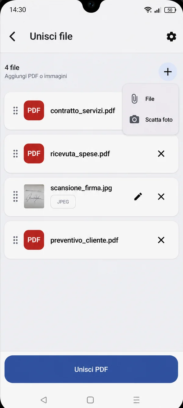 Schermata Unisci file di PDF HUB